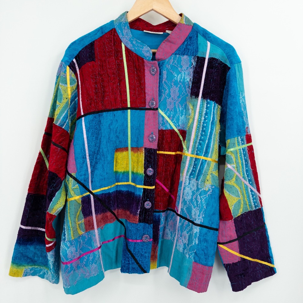Colorful Patchwork Jacket Womens 1X‎ Art to Wear Lace Velvet Maximalist 90s Boho